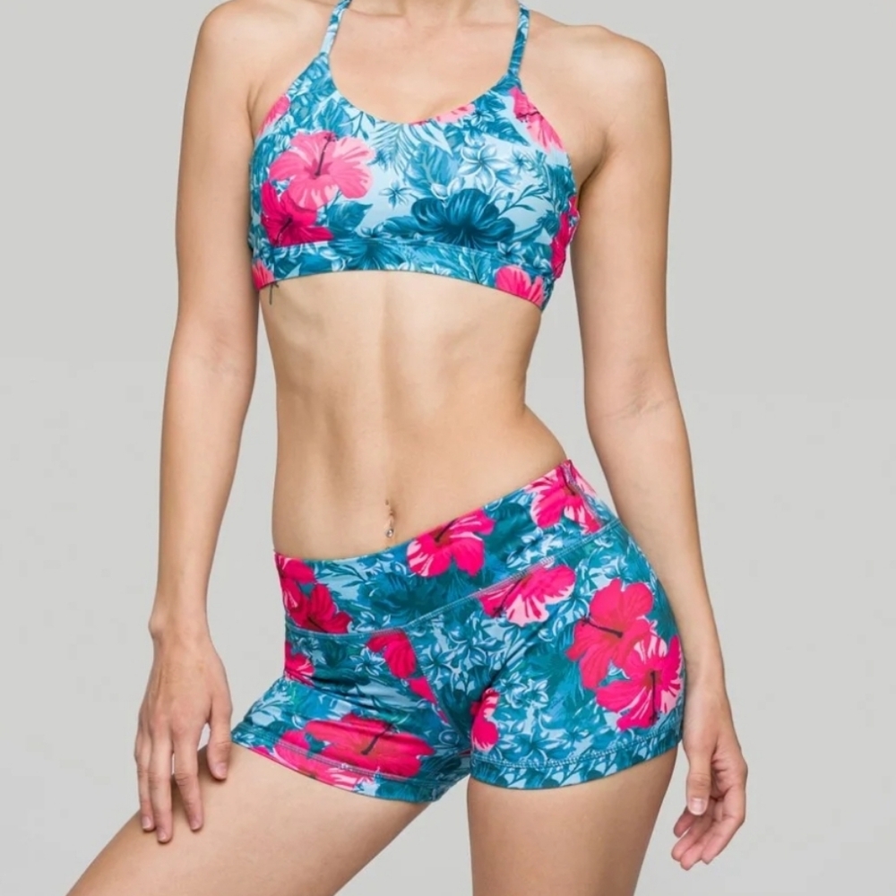NWT IAB MFG Booty Shorts 3" No Ride Hibiscus Love Teal Pink Athletic Floral 10 L